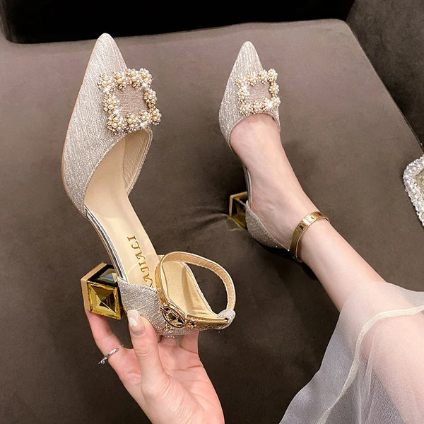 Elegant Pearl Ankle Strap High Heels Sandals for Parties